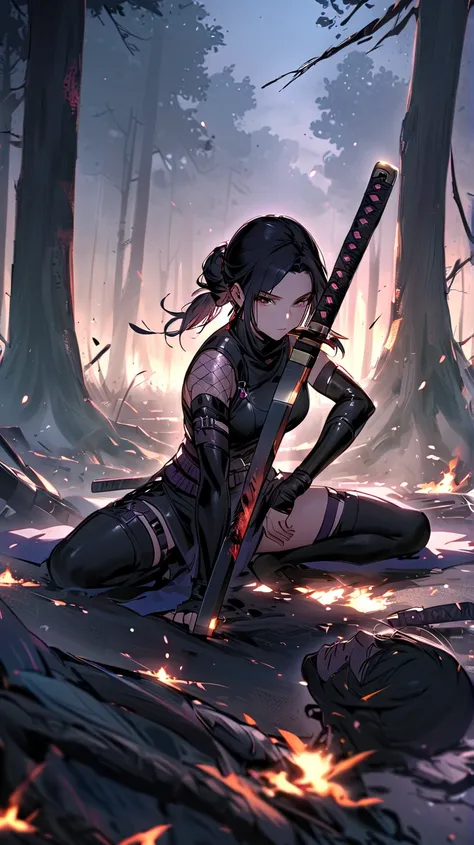 Beautiful illustration, beautiful female ninja, coolly sheathing her sword after a battle

Pose: Sheathing her sword in one hand, with her back to an enemy lying on the ground.
Background: A battlefield lined with charred trees, with the dim light of morni...