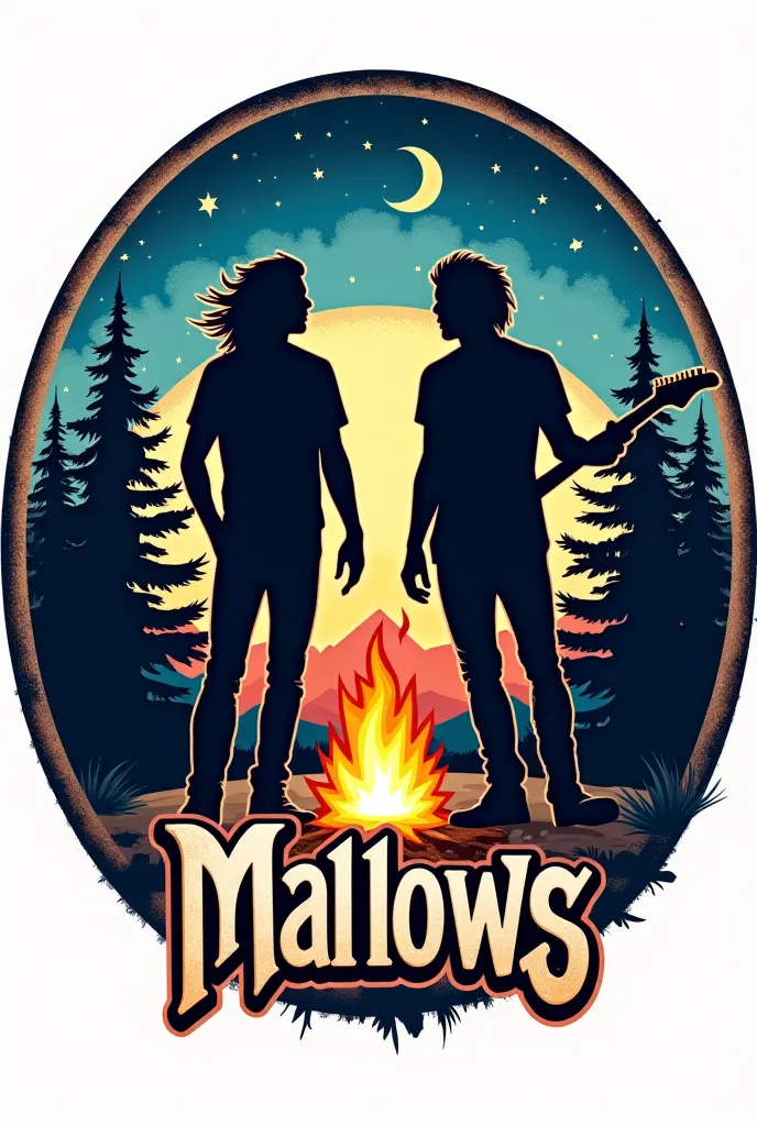 Circle logo for male rocker musicians that has a camping theme background named mallows