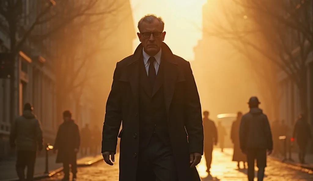 A former judge with a stern, contemplative expression walks through a foggy city street at dawn, his unseeing eyes hidden behind dark glasses. He wears a long coat, his hands lightly grazing the air as if sensing unseen presences. The atmosphere is cinemat...