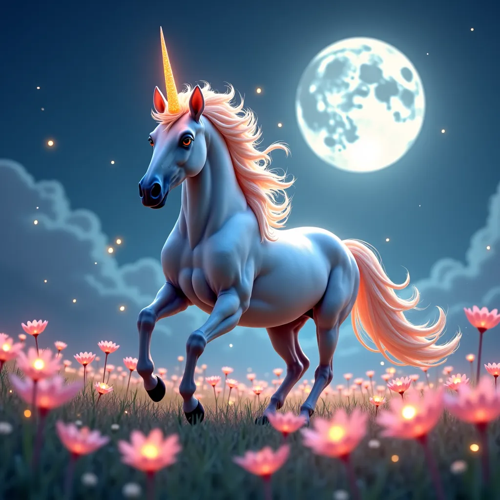 Animated image of  A powerful unicorn galloping through a field of glowing flowers under a full moon, with its golden horn shining brightly