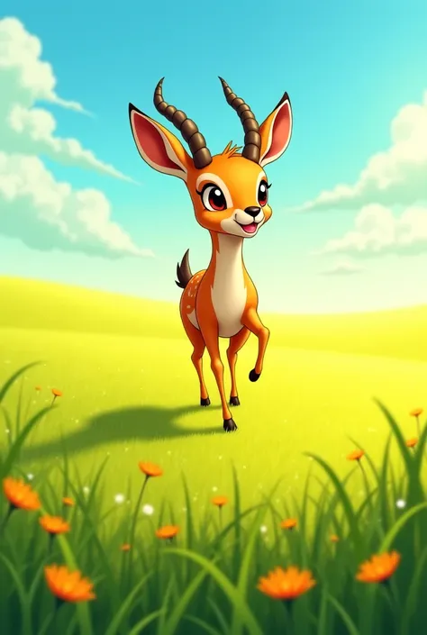 cute little antelope running like the wind on a vast grassland, elegant horns, joyful and energetic expression, cartoon anime style, vibrant colors, sunny day, playful and lively