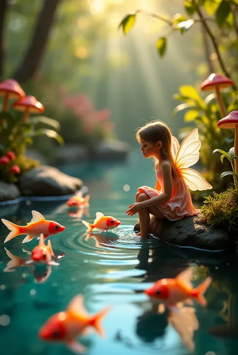 *"In a breathtaking miniature magical jungle, a tiny fairy-like girl sits at the edge of a crystal-clear pond. Her delicate features glow softly in the warm, golden light filtering through the lush leaves above. Her silky hair flows gently, and her translu...