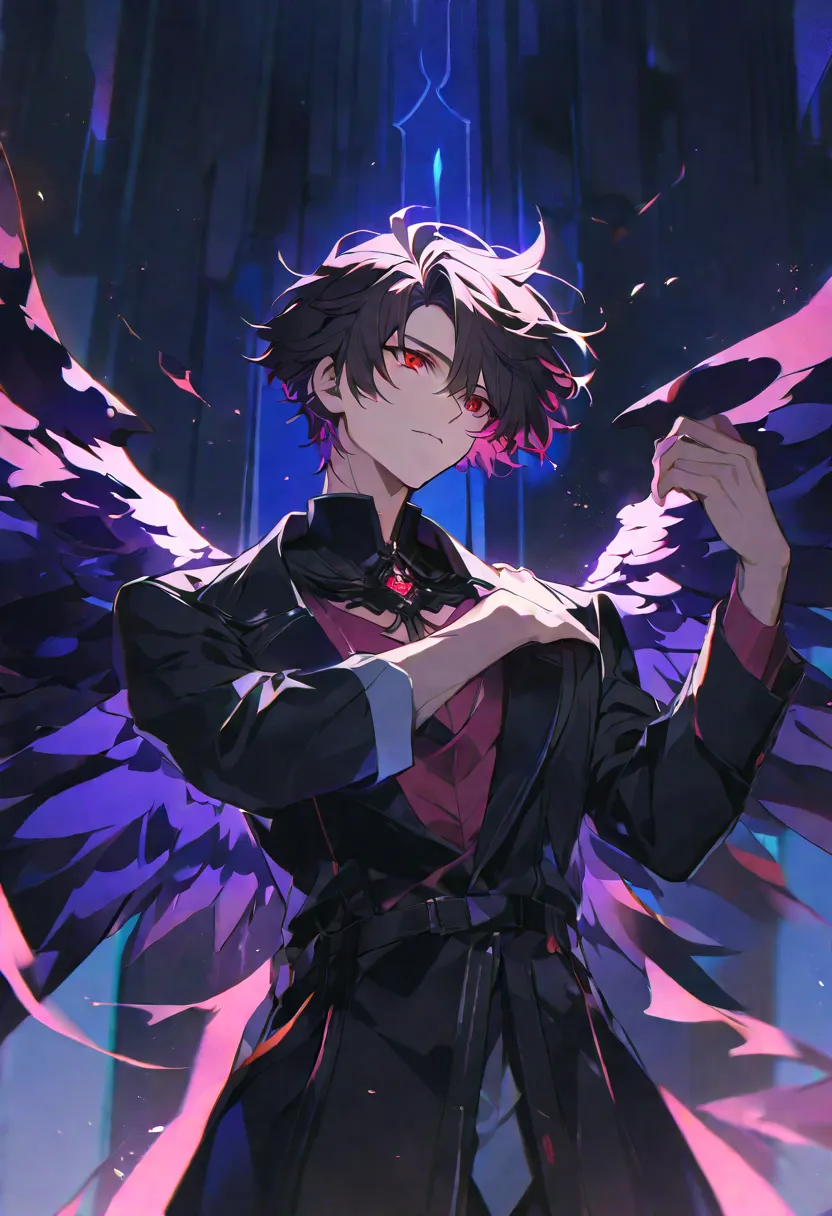 Alone,  handsome, 1 male, black coat, short hair, random hair, Red Eyes, black light, random wings、 random pose with pink on the chest