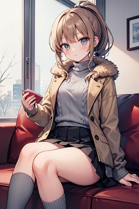  height 155 cm　light brown hair color　ponytail　Grey Sweaters　winter brown jacket with fur　black miniskirt　 gray long socks 　sitting on the couch　white panties visible
