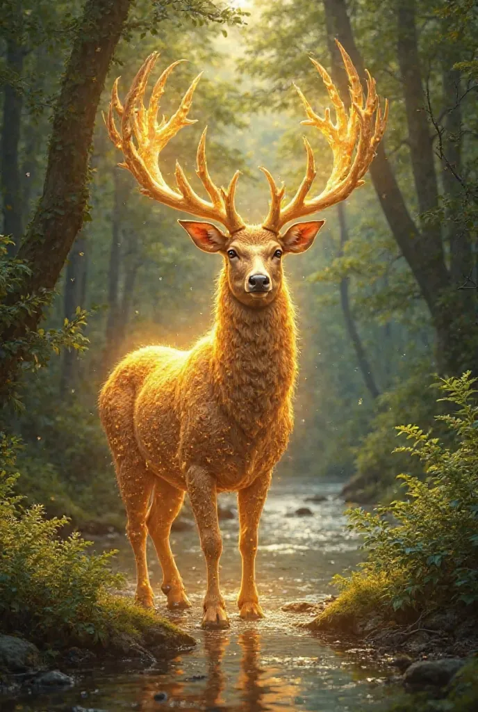 By the river in the forest,
 The golden deer can walk.
 The light of his body shines,
 Gives like the sun that burns the light.