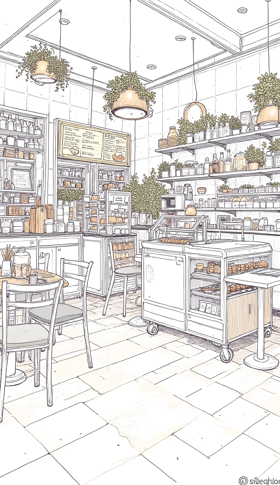 sketch of a restaurant with various items and menus, Cafe, coffee shop, line sketch!!, restaurant menu photo ,  bakery in k, cozy Cafe background, line sketch,  Full Page Illustration , Cafe interior, illustration line art style, 🪔 🎨;🌞🌄, Clear Spot Illustr...