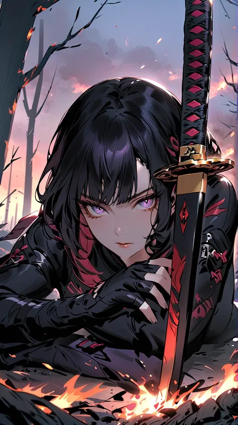 Beautiful illustration, beautiful female ninja, coolly sheathing her sword after a battle

Pose: Sheathing her sword in one hand, with her back to an enemy lying on the ground.
Background: Battlefield with burnt trees, faint morning light. Close-up of the ...