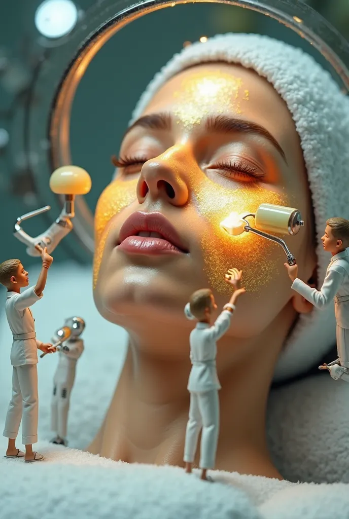 A hyper-realistic, surreal miniature scene featuring a woman's face with radiant, glowing skin under a giant magnifying glass. Tiny estheticians, dressed in crisp white uniforms, are performing a luxurious skincare treatment at a microscopic level. One is ...