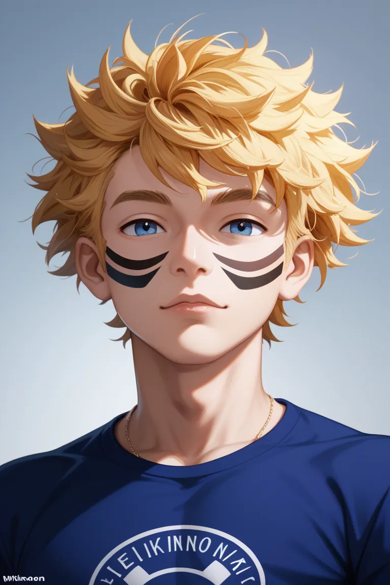 Young Man Cool Golden Hair Messy Hairstyle Depth First Person View f/1.8 135mm . Nikon UHD Retina Masterpiece Accurate Anatomy Matching Elite Patterned Textures High Profile High Quality Face Paint 1080P HD 4K 8k Header