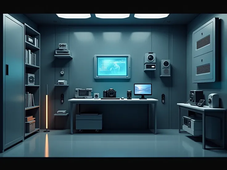 A picture of a small room with digital cabinets on the right and left and in the center is a small table with a digital camera, a video camera and a digital storage chip