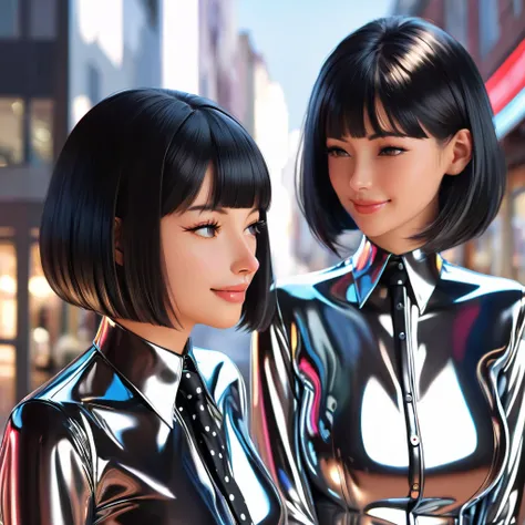   Mom and daughter  ,  masterpiece,  black hair,  reflection ,  reflected light , Buttoned up with an extremely tight, shiny latex blouse with polka dot pattern,necktie,  high definition , portrait, bob cut, Are in town,  smile, 