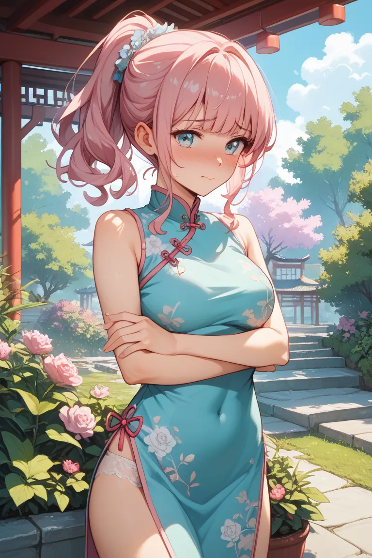 china dress, japanese girl, pink hair, NSFW, embarrassed, ponytail, panty peek