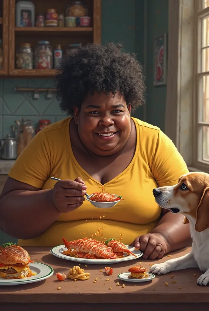 Fat black eating fish with dog sitting on the table 