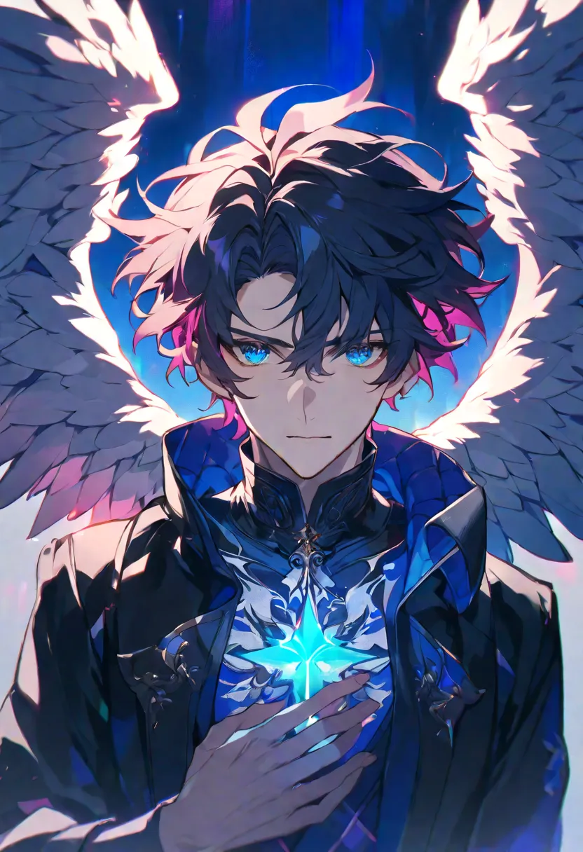 Alone,  handsome, 1 male, black coat, short hair, random hair, blue eyes, black light, White Wings、 random pose with pink on the chest