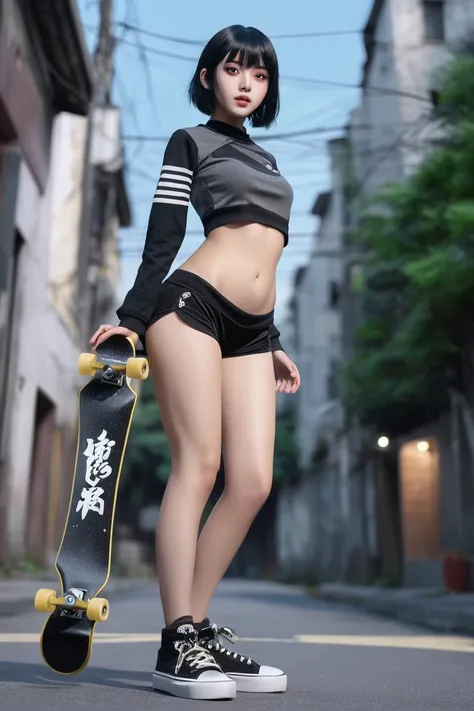  High Resolution,  boyish,   1 girl,  black hair, Sporty shortcuts,  Asymmetric Hairstyles ,  Asymmetrical bangs,   yellow eyes,  There are three circles in the middle of the eye,  Skater Style Street Fashion, slightly oversized bottoms, is standing, futan...