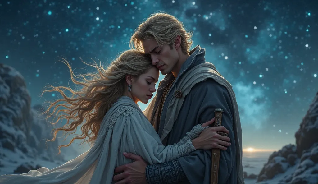  fantasy。A young man who hugs a beautiful、Blonde crying and closing his eyes。A young man who hugs a beautiful woman and protects her while fighting with a sword with an angry face。Stars that shine like crystals at night。4K