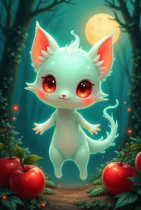 ultra highly detailed, fantasy acrylic painting, a cute chibi fluffy ghost fiberglass clear animal creature, clear creature, ghost creature, apples, emerald swirling smoke, red moon, moonlight, forest, leaves, Jeremiah Ketner. filigree detailed, complex ba...