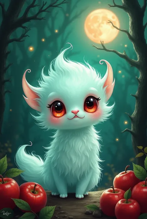 ultra highly detailed, fantasy acrylic painting, a cute chibi fluffy ghost fiberglass clear animal creature, clear creature, ghost creature, apples, emerald swirling smoke, red moon, moonlight, forest, leaves, Jeremiah Ketner. filigree detailed, complex ba...