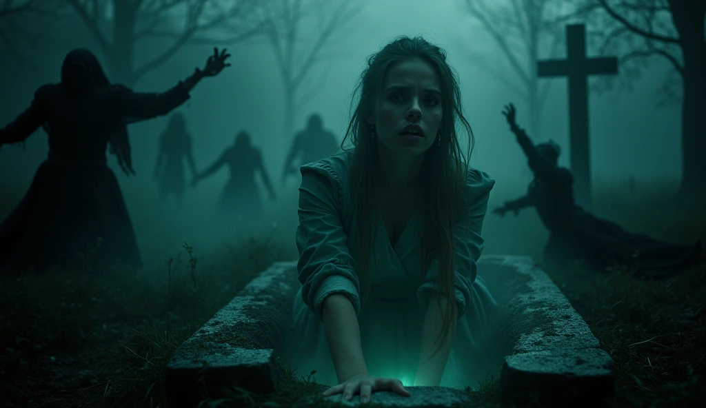 "A dramatic and eerie scene of a young woman in a grave, dressed in traditional tailor or dressmaker attire, looking terrified as she faces supernatural punishment. The atmosphere is dark and ominous, with a ghostly glow illuminating the grave. Writhing sh...