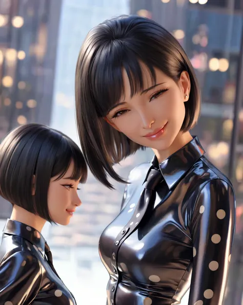   Mom and daughter  ,  masterpiece,  black hair,  reflection ,  reflected light , Buttoned up with an extremely tight, shiny latex blouse with polka dot pattern,necktie,  high definition , portrait, bob cut, Are in town,  smile, 