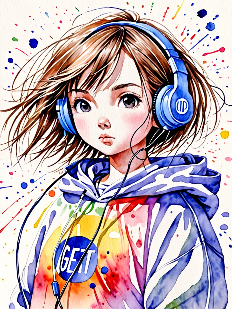  hyperrealism, Simple Beginning Abbreviations，Abstract art，Kitamura Nobuhiko's Style , CUTE DESIGN , stylish girl, Oversized Hoodie,Earphones,Get Stronger Every Day,  watercolor