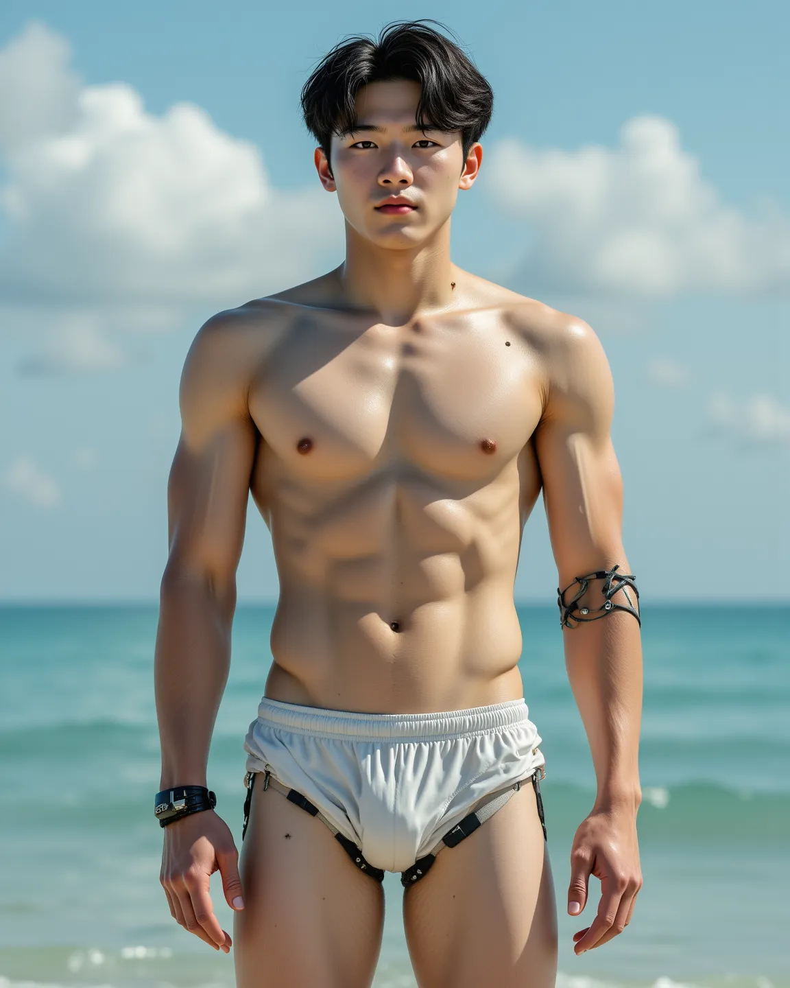 （2 Korean handsome male star high school student bionic robots），(Chest Full )，（STEREO ABDOMINAL MUSCLE），（ delicate cute face ），Fragmented cap hairstyle，Slim Short Hair ，Wool Curls，inverted triangle body，Five-Toe ， five fingers，Crotch Full of Details，High R...