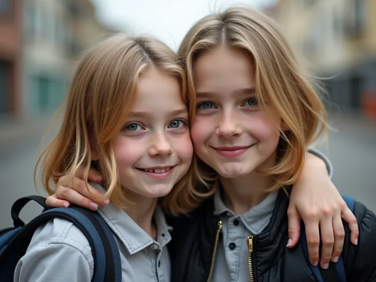 A fourteen-year-old Russian boy with half-long blond hair hugs his twin brother, At the end of school, soft and fine faces with half-open mouths and well-defined lips, Full length close-up view of boys' busts and faces, In hyperrealistic photo