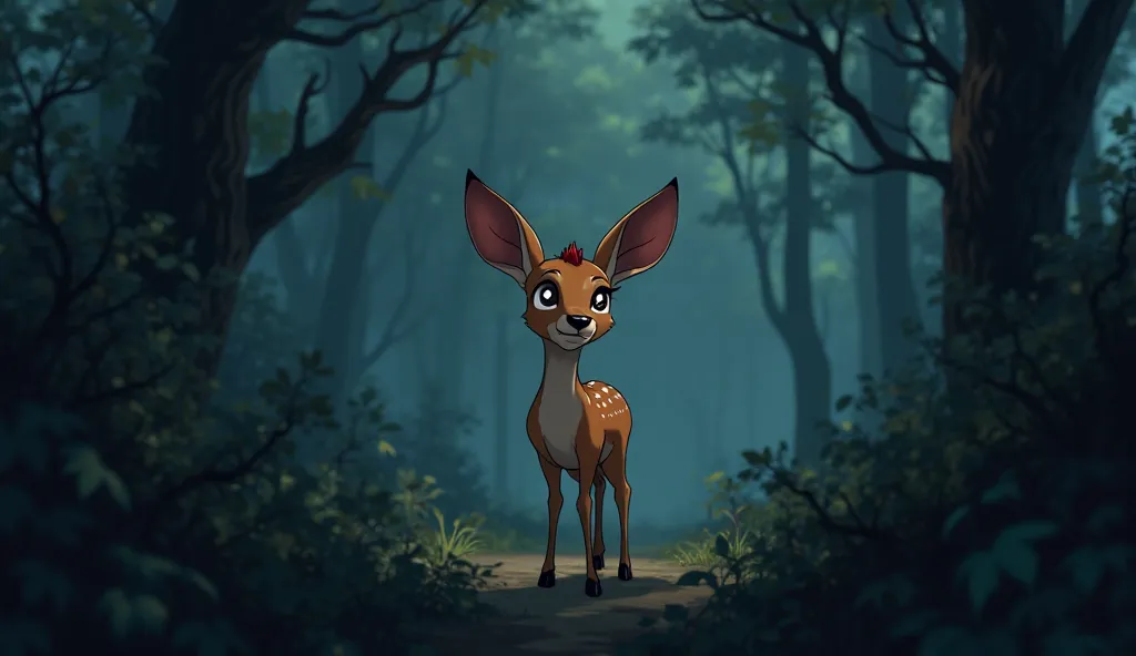 small antelope in the forest, ears perked up, startled and fearful expression, distant tiger roar, dark and mysterious atmosphere, cartoon anime style, dramatic and suspenseful