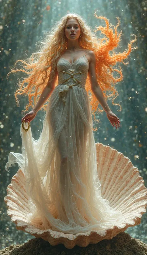 The goddess Aphrodite wears a beautiful dress and has long blonde hair. Holding a heart-shaped pearl in hand, standing on a scallop shell. There is a sponge on the back.