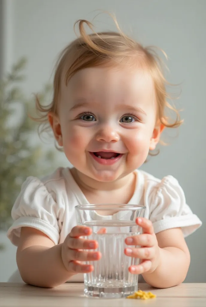 beautiful baby, girl, s, Smiles, holds a glass of water in his hands. realistic photo, model-looking  