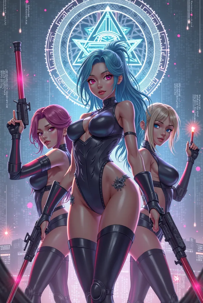 Wallpaper horizontal anime futurista, with women wearing costumes with moderate fan service and weapons and references to sacred geometry, a combination between the game Honkai Impact 3 and Punishing Gray Raven. With a background of ships like from the mov...