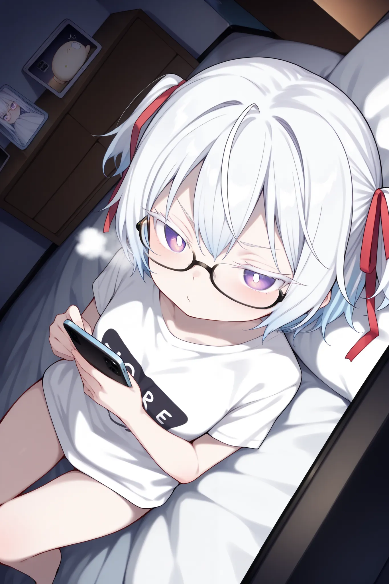 score_9, score_8_up, score_7_up, ((dim, dark room, deep shadows, otaku room, smartphone)), from above, (solo, 1girl, yuki onna, white hair, short hair, habitual hair, two side up, two hair ribbon, red ribbon, purple eyes), (((loli, thin, petite, short body...