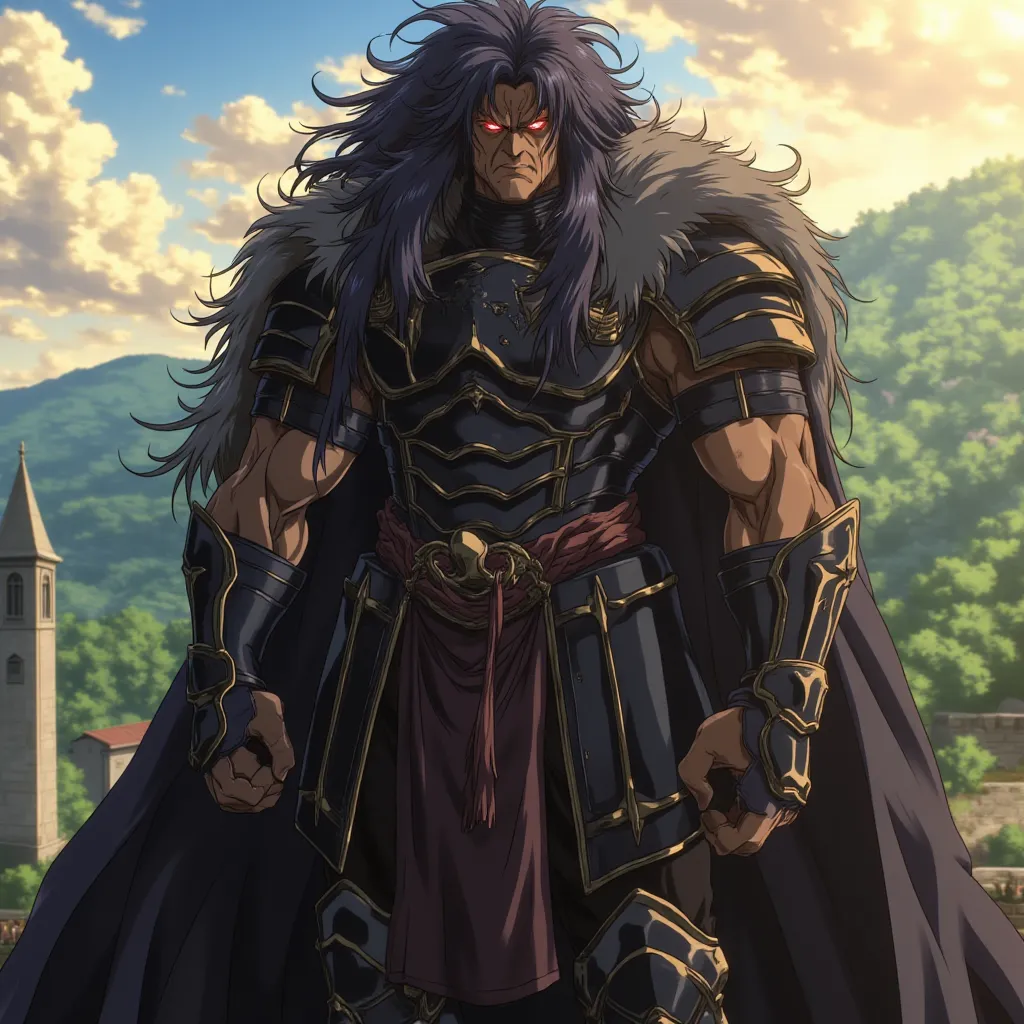 
A very tall, extremely muscular and intimidating anime 45 years old man with very dark tanned skin and with extremely long shaggy and messy black hair that covers his back and shoulders, with very long hairbags that cover his entire forehead, with red glo...