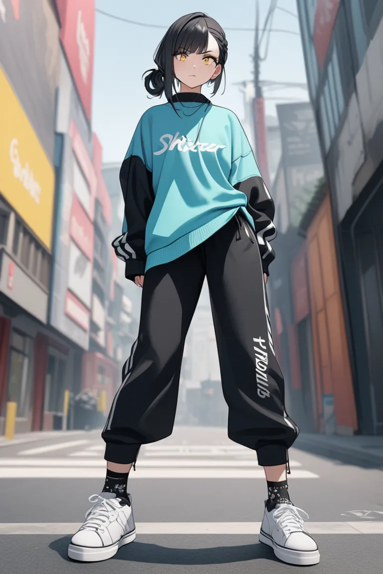  High Resolution,  boyish,   1 girl,  black hair, Sporty shortcuts,  Asymmetric Hairstyles ,  Asymmetrical bangs,   yellow eyes,  There are three circles in the middle of the eye,  Skater Style Street Fashion, slightly oversized bottoms, is standing, futan...