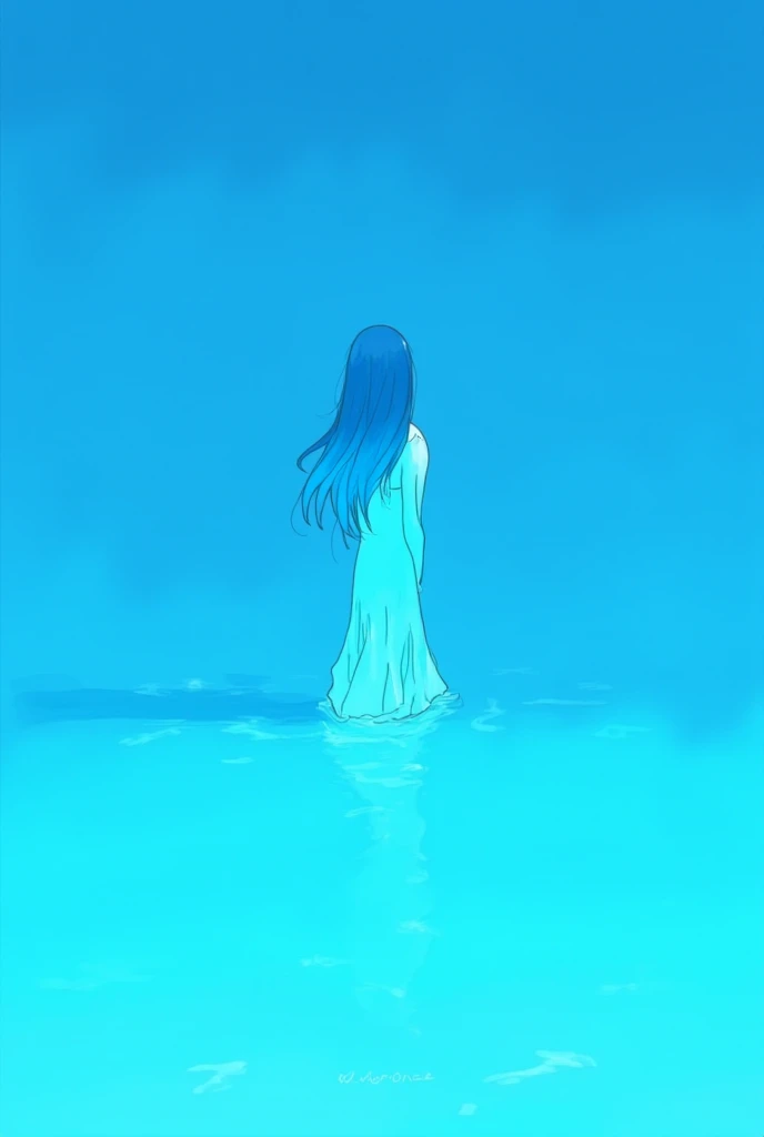 When an ordinary girl steps into the sea, her legs glow blue and she becomes the beautiful blue mermaid goddess of the sea. Please draw her transformation process in a 4-panel cartoon. First: As she was walking along the beach, when she reached the sea, a ...