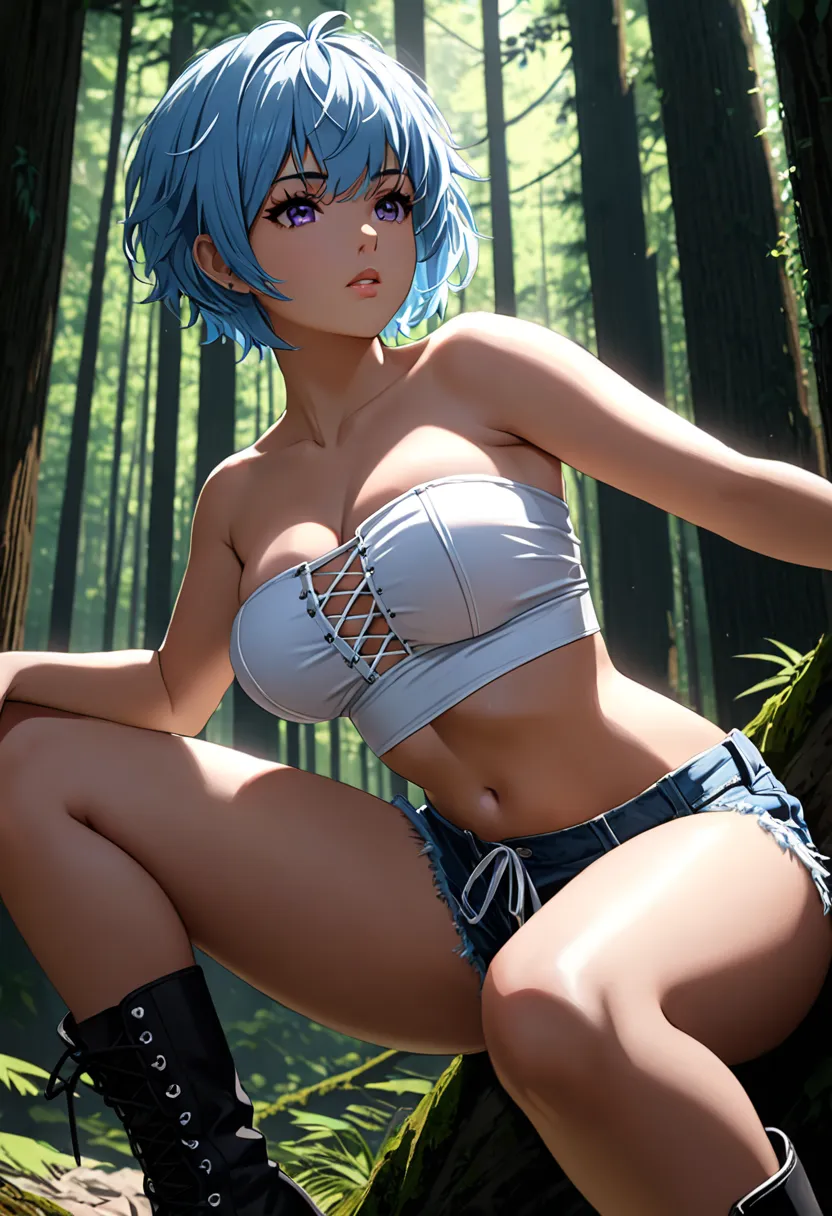 nsfw,masterpiece,best quality,insanely detailed,detailed beautiful face and eyes,1girl,solo,20yo,((pale blue hair,pixie cut,layered shaggy hair)),messy hair,pale purple eyes,tsurime,tanned skin,(huge breasts:1.1),collarbone,dynamic pose,dynamic angle,cinem...