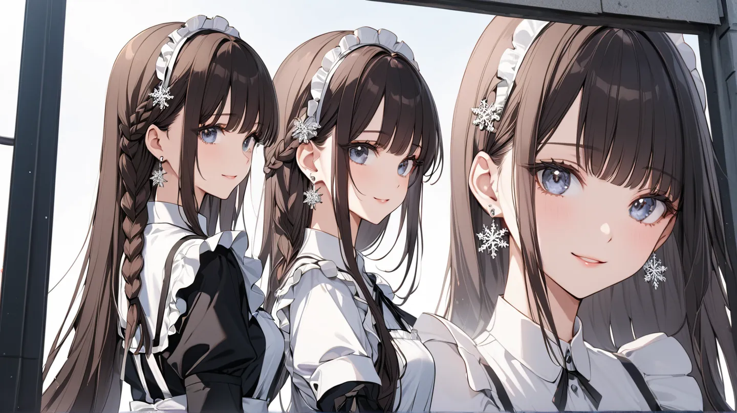 4k , 8k , (billboard cover style)  (only 1 female)  (long straight black brown hair with full bangs dark blue grey eyes), part of long braid hair , ((very long hair)) , wear small snowflake white earrings , novel , manhwa , beautiful woman , very details ,...