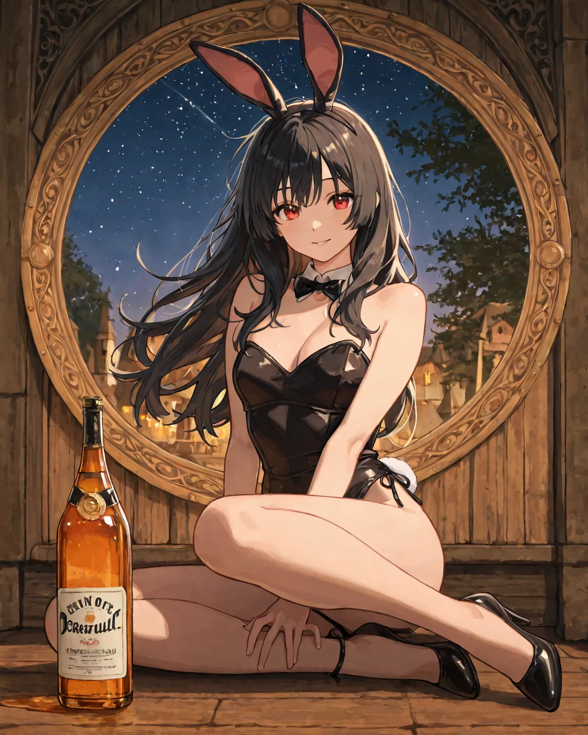 1 female, Solo,  natural hair, long hair,  red eyes, 걸작, accurate, high detail with stars,  High Quality , 고화질, illustration, Edit background, indoor medieval pub background, Highly detailed details, Subtle dawn light, beautiful face,  dim light, Masterpie...