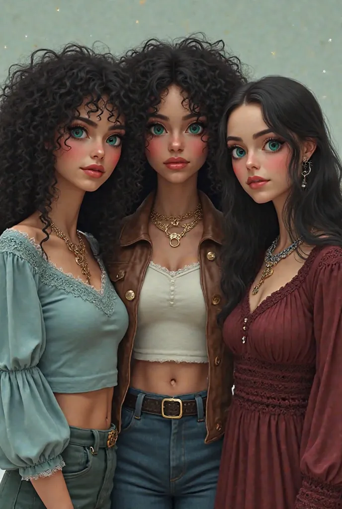 They must be realistic triplets with white skin and teal eyes, the first woman must have long black voluminous curly hair and wear a light blue lace t-shirt with long puffy sleeves and star-colored necklaces, and the second woman must have long black wavy ...