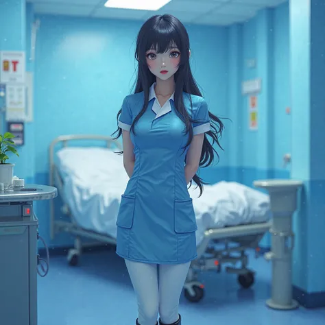 An anime nurse in a blue latex dress and white pants black patent boots, with a hospital background and patient bed in treatment.  A beautiful girl with long hair and red lips in a blue room, in a photorealistic style.  soft light, high definition, high qu...