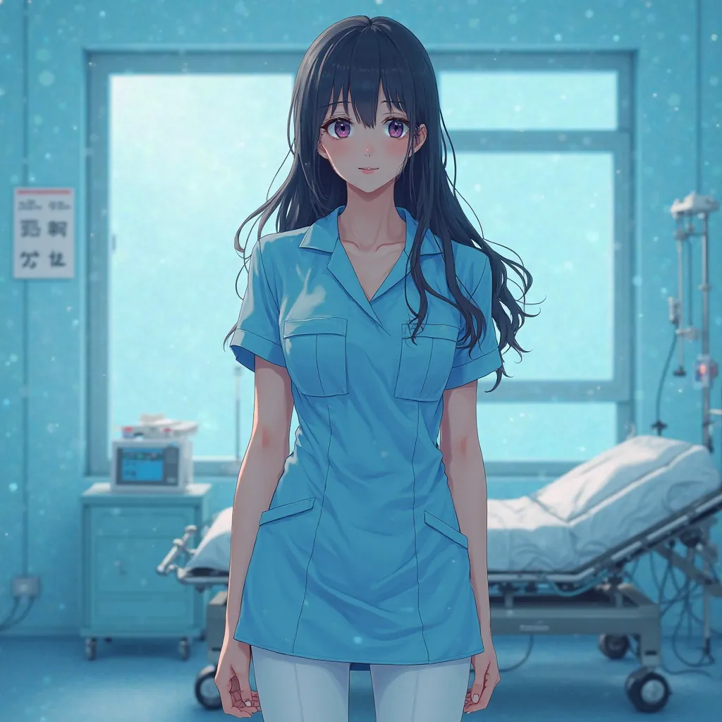 An anime nurse in a blue latex dress and white pants black patent boots, with a hospital background and patient bed in treatment.  A beautiful girl with long hair and red lips in a blue room, in a photorealistic style.  soft light, high definition, high qu...