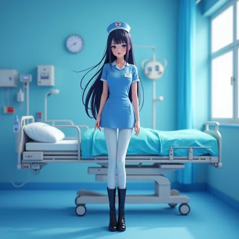 An anime nurse in a blue latex dress and white pants black patent boots, with a hospital background and patient bed in treatment.  A beautiful girl with long hair and red lips in a blue room, in a photorealistic style.  soft light, high definition, high qu...