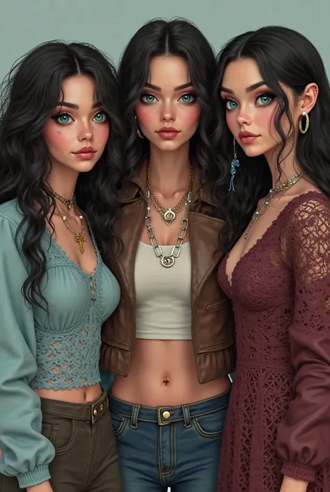 They must be realistic triplets with white skin and teal eyes, the first woman must have long black voluminous curly hair and wear a light blue lace t-shirt with long puffy sleeves and star-colored necklaces, and the second woman must have long black wavy ...