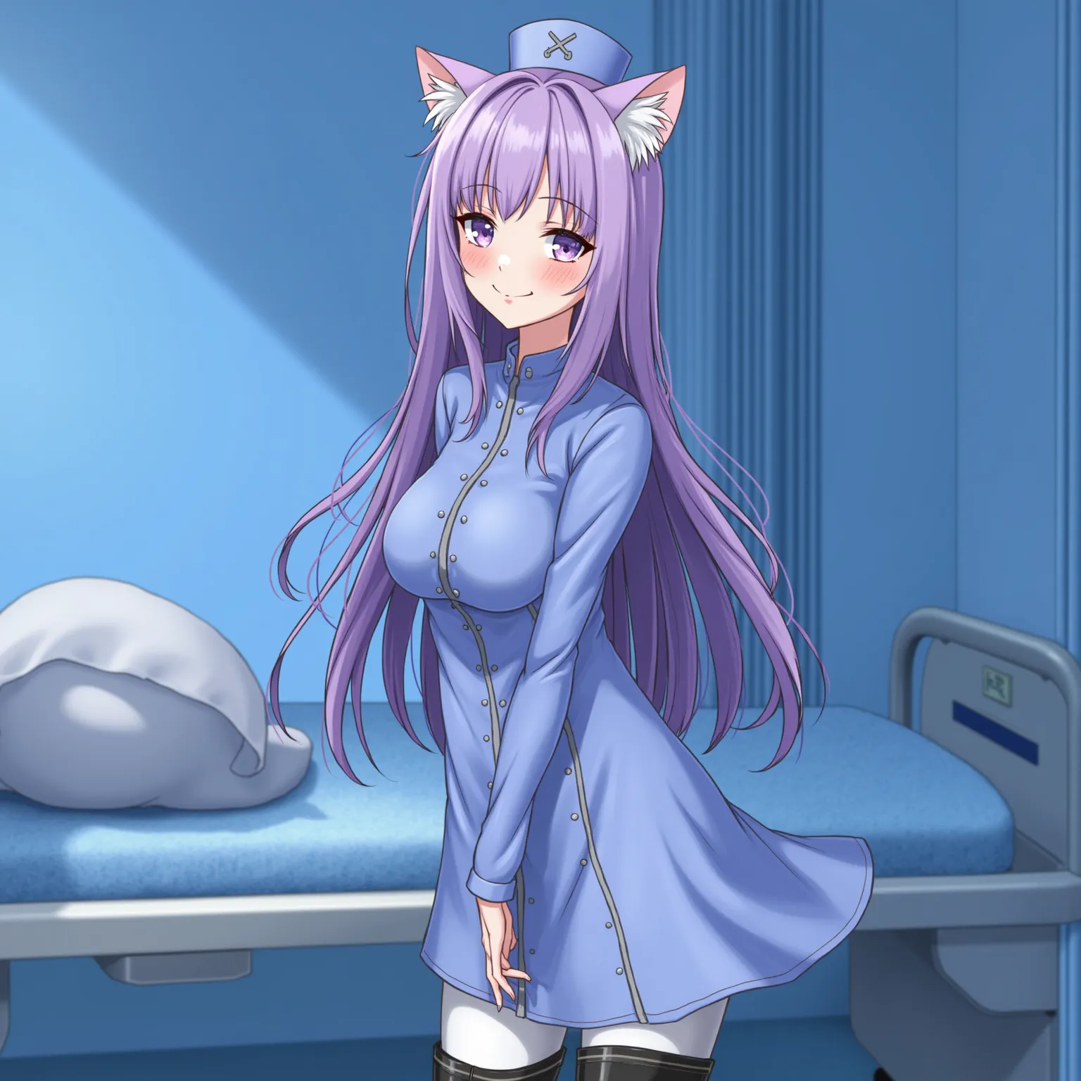 A Neko anime nurse with cat ears , In a blue latex dress and white pants black patent over the knee boots, with a hospital background and patient bed in treatment.  A beautiful girl with long hair and red lips in a blue room, in a photorealistic style.  so...