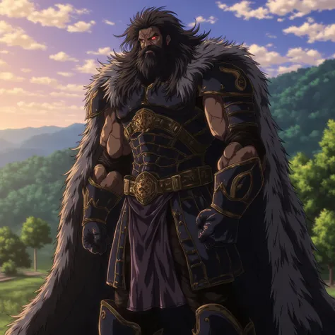 
A very tall, extremely muscular and intimidating anime 45 years old man with very dark tanned skin and with extremely long shaggy and messy black hair that covers his back and shoulders, with very long hairbags that cover his entire forehead, with red glo...