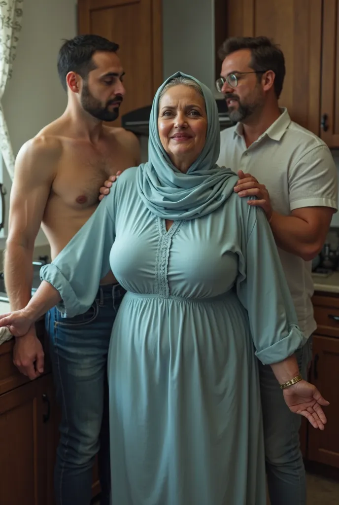 A housewife, 55 years temptation, She loves betrayal. They stand in the kitchen, Very romantic. light blue arabic drees and hijab. Big breasts. Romantic، Against-wall SEX, big body, Two men on one woman، temptation, big boobs huge