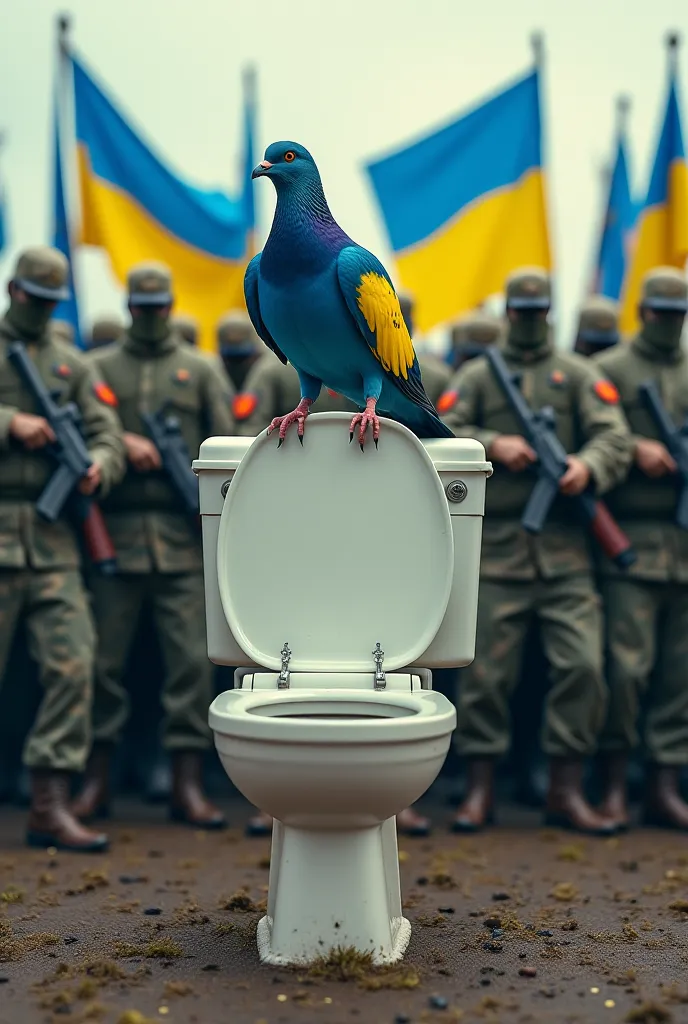 A dove in Ukrainian flags sits on a Ukrainian toilet with painted wings in a Ukrainian military uniform and behind it is an army of doves with Ukrainian flags and machine guns