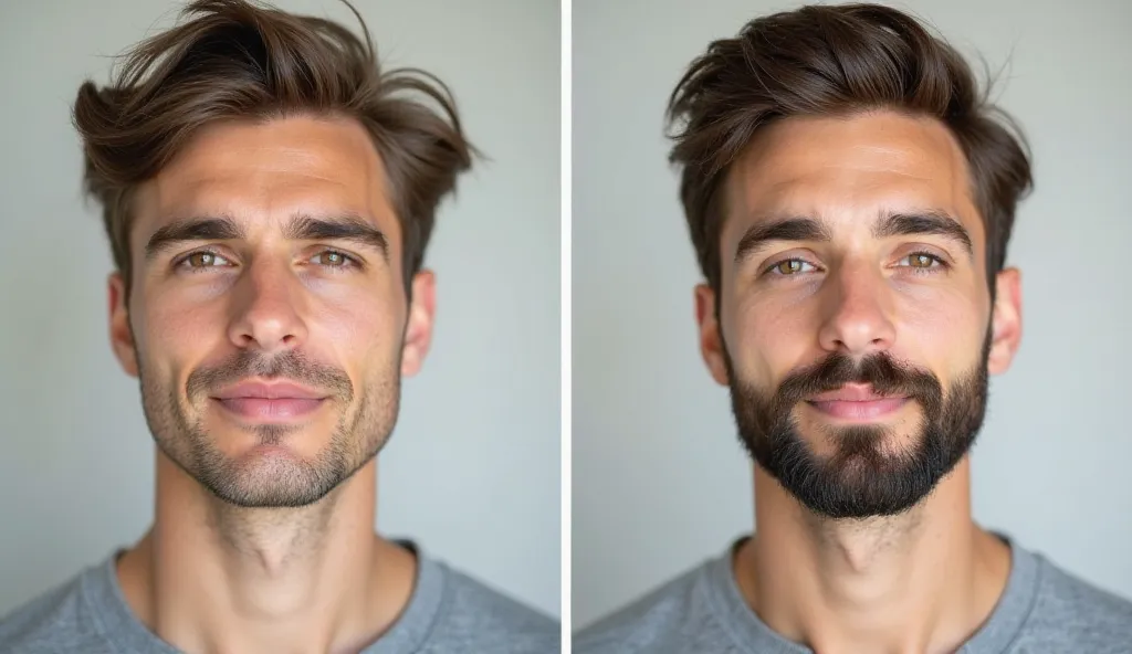 ."A 22-year-old young man with two profile pictures side by side. In the left profile picture, he has a completely clean-shaven face, with smooth and fresh skin. In the right profile picture, the same man has a neatly groomed, short beard—well-trimmed and ...