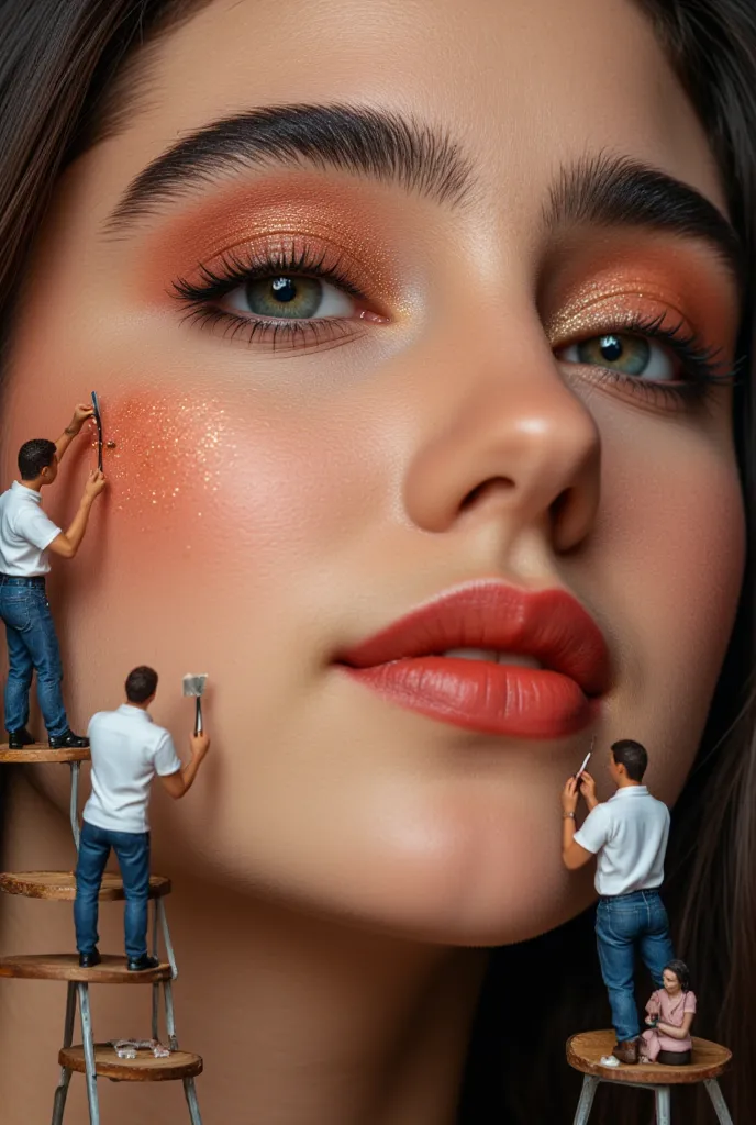 A close-up of a beautiful woman's face with coral eyeshadow, defined eyebrows, and glossy lips, where miniature artists in white shirts and blue jeans work as makeuping girls face,  move with precision, each one focused on their task, their movements look ...