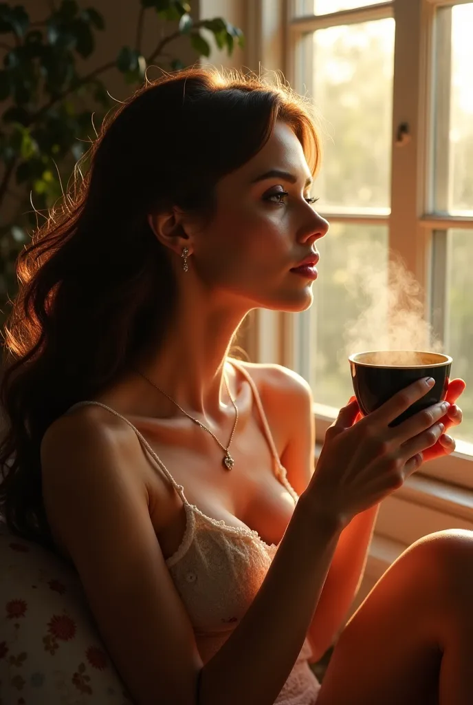 Brunette woman drinking coffee at the window seeds naked and sexy